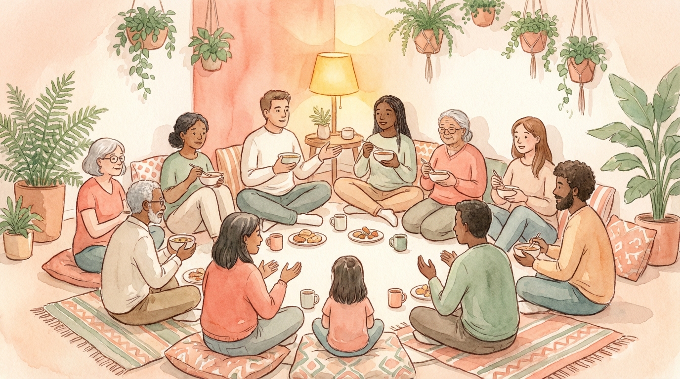 People gathered in community, sharing food and conversation